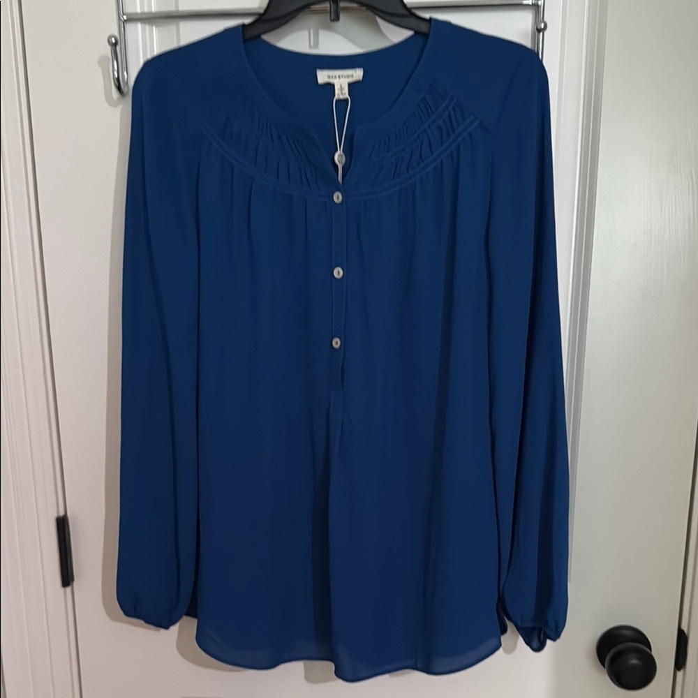 Max Studio Blue Boho Collar Buttoned Blouse